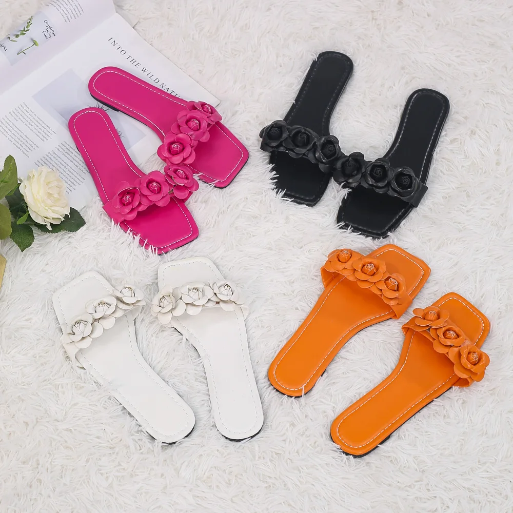 

2021 Summer New Spot Large Size Women'S Shoes Artificial Pu Material Flowers Beach Flat Ladies Sandals And Slippers Female, 4 colors