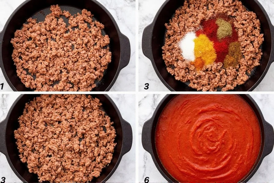 Hot Dog Chili in cast iron skillet showing proper consistency