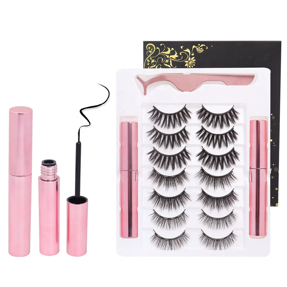 

7 Pairs Private Label Waterproof False 5 Magnets Lashes Liner Kit Magnetic Eyelashes Kit With Eyeliner And Tweezers, Natural color
