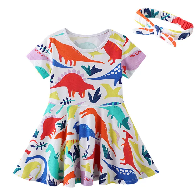 

2021 Spring Summer Design White Girls Dress European Kids Frocks Designs One Piece Clothing Animals Print Children Cotton Dress