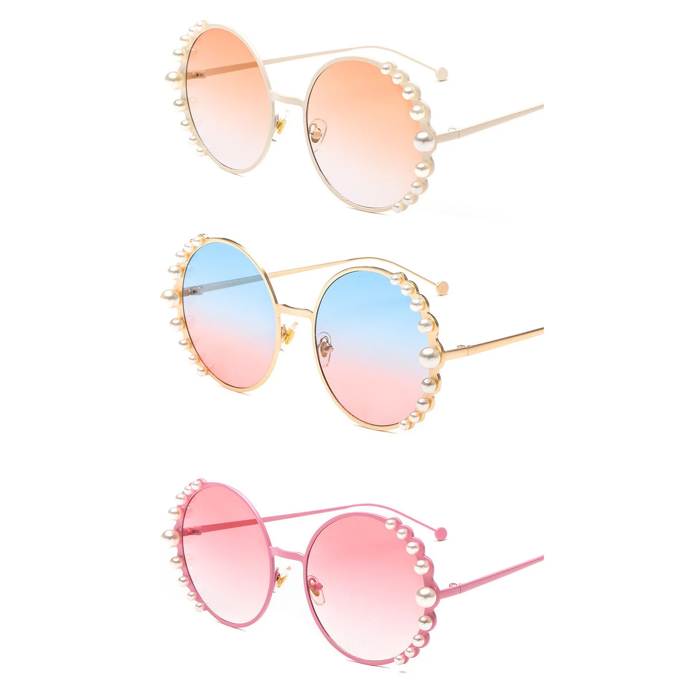 

WIIPU Retro round pearl sunglasses ladies gradient ocean lens sunglasses women retro metal frame glasses sunshade mirror
