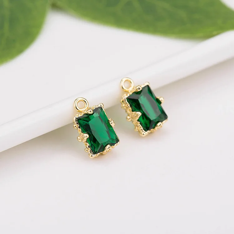 

Jiexing Wholesale Fashion Square Shape Copper 14K Gold Plated Green Inlaid Zircon Charm for Bracelet Necklace Making