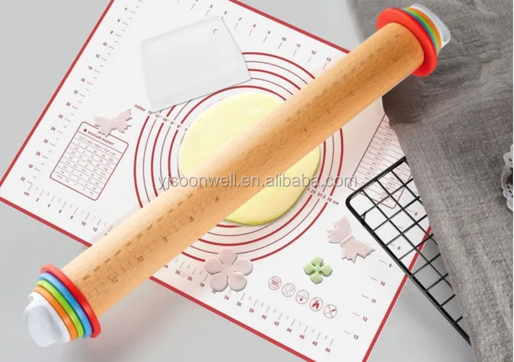 Adjustable Wood Rolling Pin With Mat And Scraper Set 3pcs Swba21d