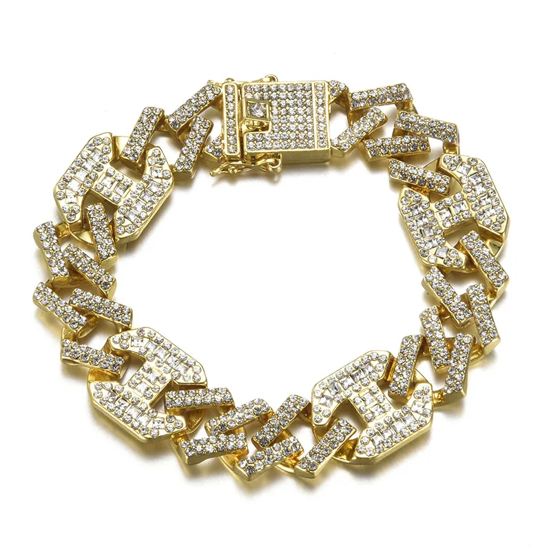 

New Fashion Gold Plated 17mm Miami Cuban Link Bracelet Ice Out Full Diamond Cuban Chain
