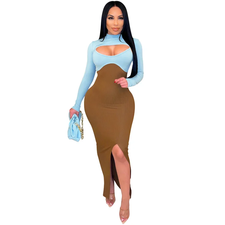 

2022 Wholesale Fall Solid Knitted Sexy Casual Long Bodycon Hollow Out Dresses Patchwork Women Clothing Plus Size Slit Long Dress, Mix color or custom colors