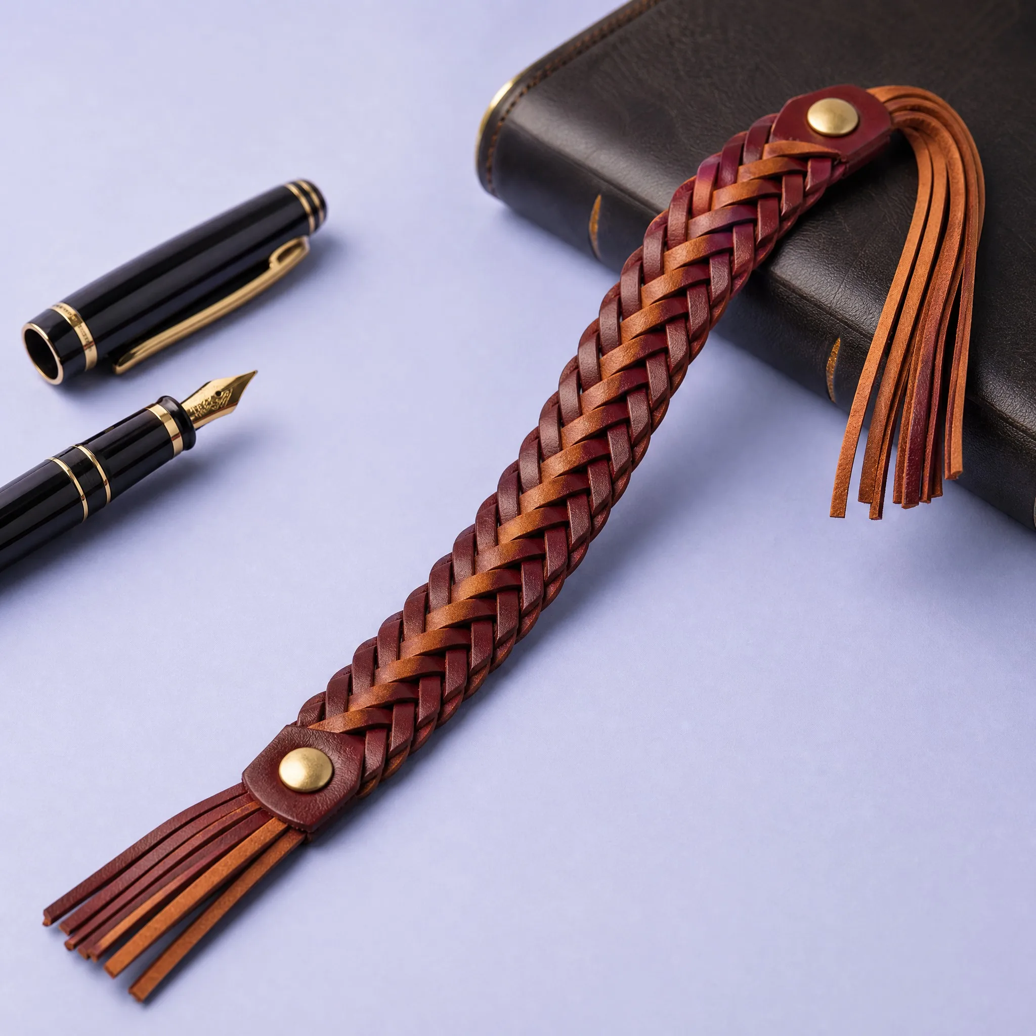Custom Hand Braided Multi Tone Leather Ribbon Bookmark with Fringe Tassels and Brass Snaps