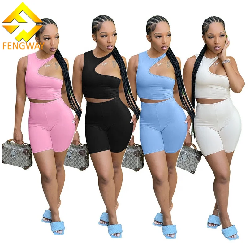 

Fengway New Arrivals Sexy One Shoulder Crop Top Set Summer Clothes For Women Hollow Out 2 Piece Biker Shorts Set