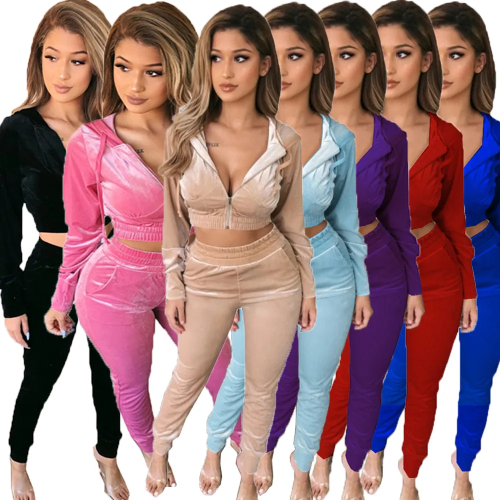 

Fashion 2021 Solid Color Ladies 2 Piece Outfits Velour Tracksuit for Women Zip Up Hoodie Velvet Jogging Sweatsuit Fall Sets