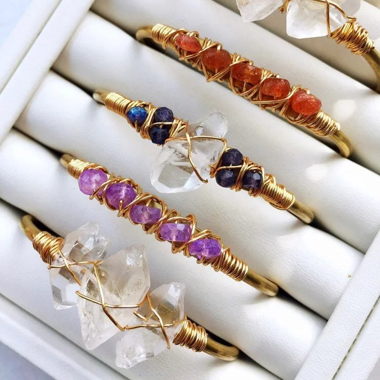 

LS-A2516 Rustic Point Wire Wrap purple Quartz Raw Stone Crystal Stone Jewelry Bangle Bracelet