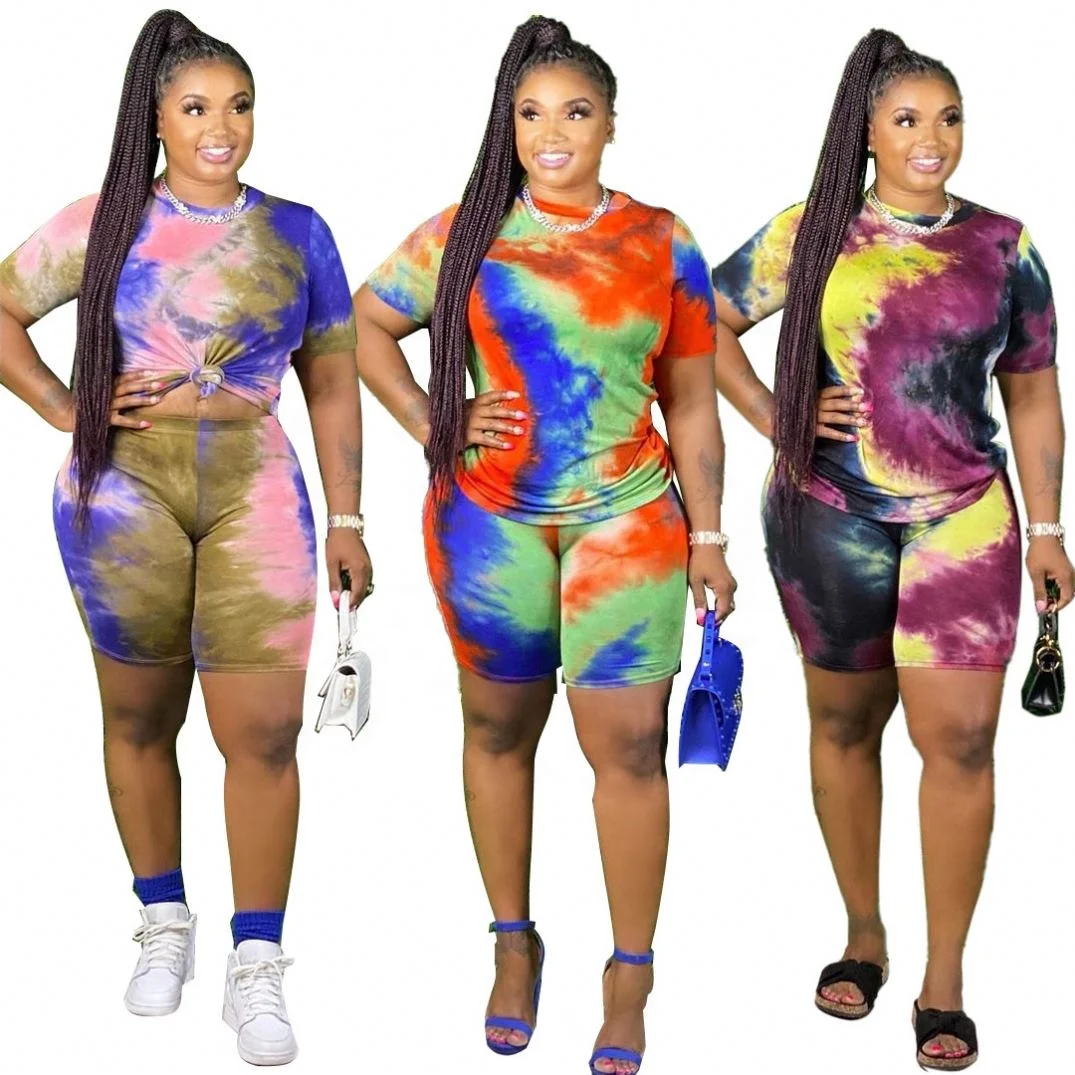 

SQ6616 Summer Short Pants Two Piece Plus Size Women Clothing Tie-Dye 2 Piece Sports Sets 8 Color Spot