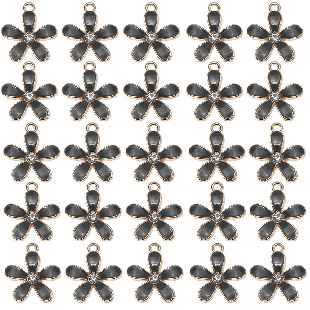 

Black Flower Rhinestone Enamel Alloy Charms Pendants For Women DIY Earring Bracelet necklace decorate Jewelry Making Accessories, As shown
