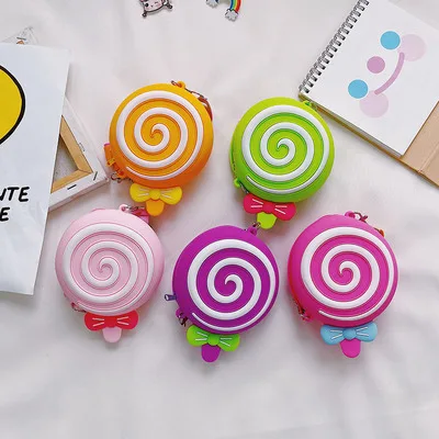 

2021 kids Little girls New Design Silicone Cross body hand Bag Fashion and Sweet candy Lollipop Shape silicone coin Purse