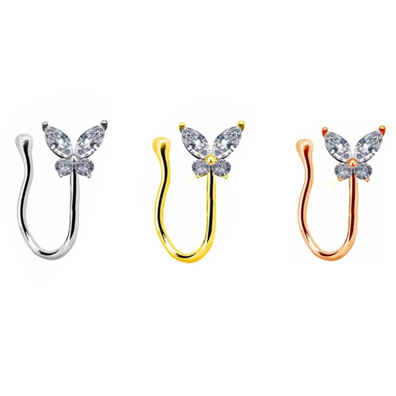 

Exquisite Clear Zircon Butterfly Non Piercing Fake Nose Ring For Women Man Nose Piercing Jewelry Nose Cuffs, Silver/gold/rose gold