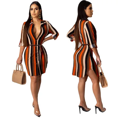 

2021 New Summer Ladies Stripe Long Sleeve Bandage Casual Dresses Girl's Shirt Short Dress