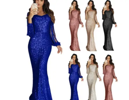 

Women Long Sequins Evening Party Dress Elegant Fashion Club Tassels Sexy Maxi Dresses, Picture shows