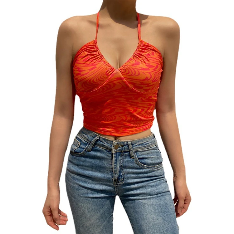 

DUODUOCOLOR New summer 2021 ripple printing fold vest sexy v neck crop top woman clothing solid color D97909