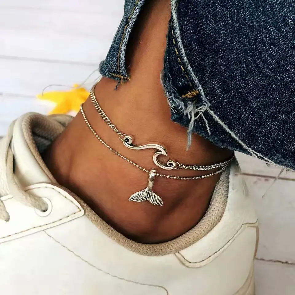 

Bohemian Ocean Wave Whale Tail Anklet Women Beach Silver Color Ankle Foot Bracelet Summer Jewelry, Photo