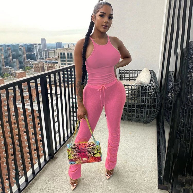 

Sexy Solid Camisole Top And Stacked Pants Set Women Two Piece Outfits 2021 Summer Activewear Casual Sleeveless Tracksuits -YS, Pink,yellow,red,black,light purple