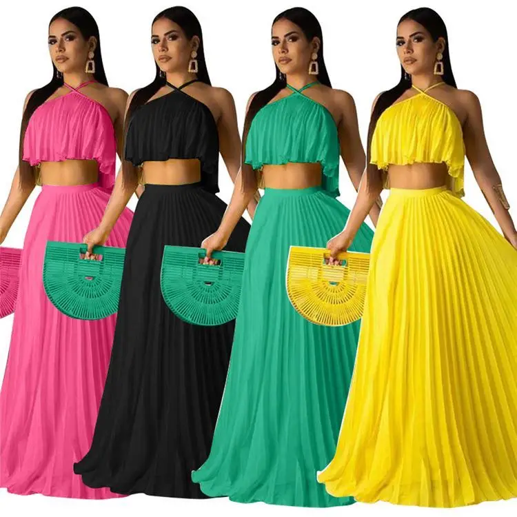 

MISSMOEN Best Seller Solid Strapless Crop Top Women Clothes Pleated Long Dress 2021 Summer Outfit Two Piece Skirt Set