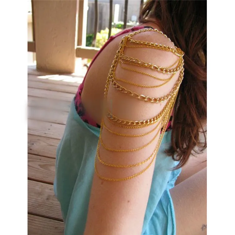 

European And American Popular Tassel Multi-Layer Thick And Thin Gold Metal Chain Arm Chain Bracelet, As picture