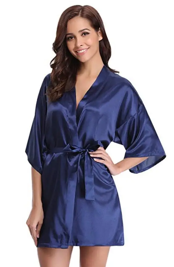 Wholesale Pure Color Kimono Robe Short Satin Bath Robe Women Buy Black Satin Robe,Cheap Satin