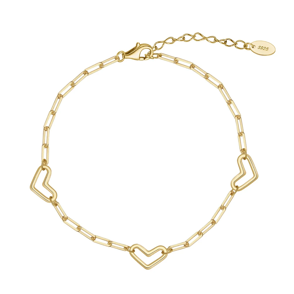 RINNTIN SB194 Gold Heart Bracelet 925 Sterling Silver PaperClip Chain Bracelet for Women Men