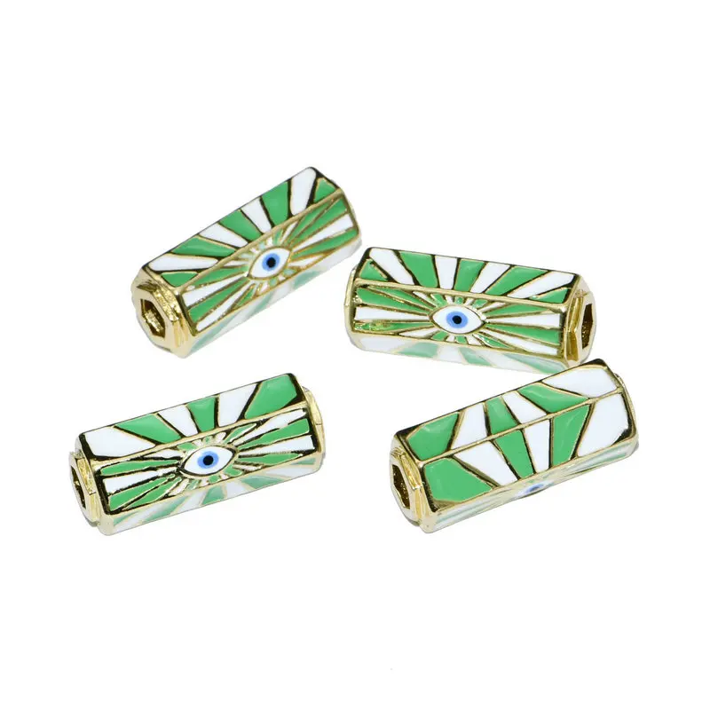

New Arrival 4mm Big Hole Solid Brass Hexagon Tube Beads Eye Shape Decor Green Enamel Copper Beads Fit For Pendant Bracelet, Gold silver