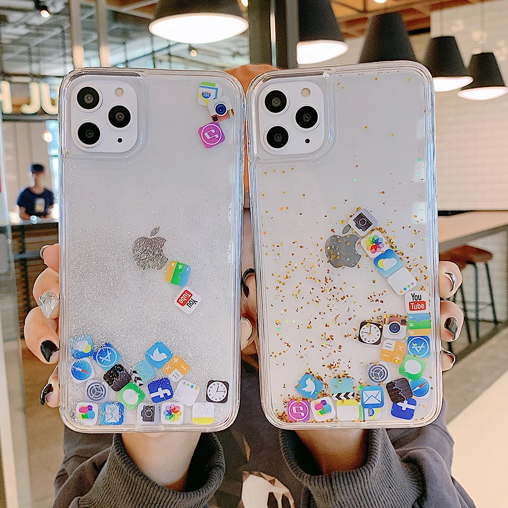 

Luxury Glitter Bling Flow Liquid Sand Clear Quicksand Facebook Yuotube APP Shockproof Phone Case For iPhone 12 Pro 11 Xr 7 8