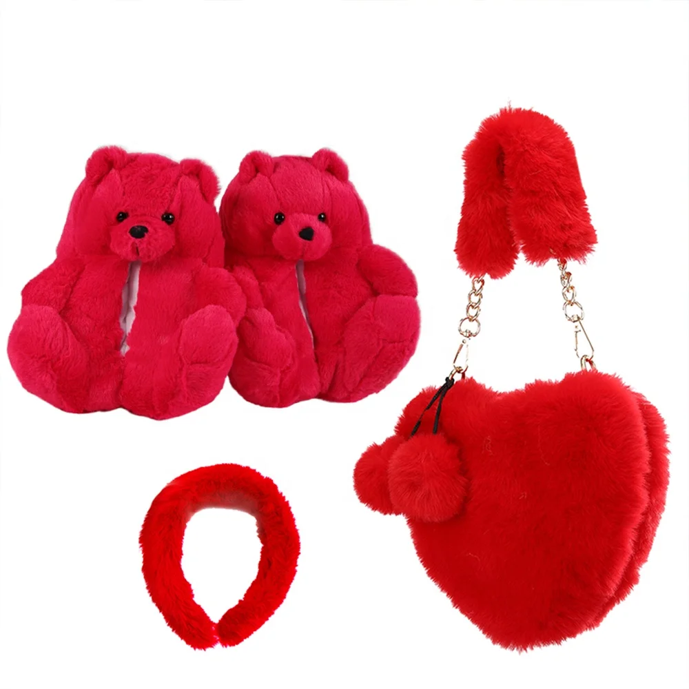 

drop shipping teddy bear slipper with purse sets unisex designer ladies furry fluffy fur shoe slipper ladies house warm slipper