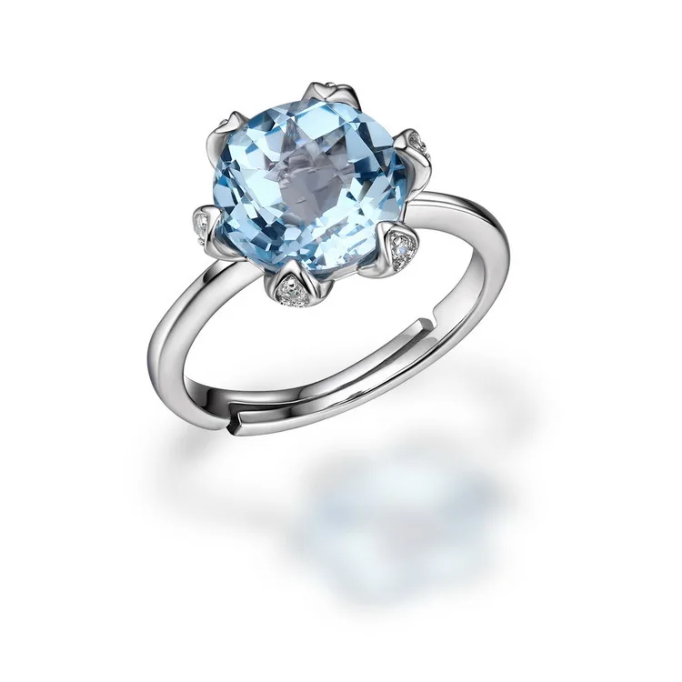 

Fashion Sterling Silver ring faceted lattice sky blue Topa stone claw set with lotus opening women ring, Silver,gold
