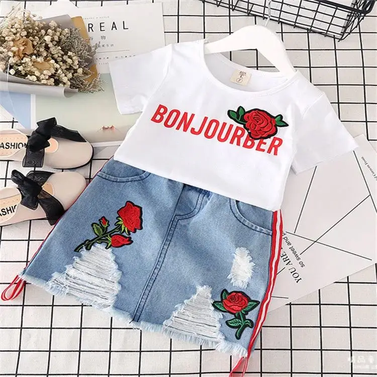 

New design Girl Clothing Boutique fashion korean girls clothes wholesale summer tshirt + Denim skirt 2pcs kid clothes set