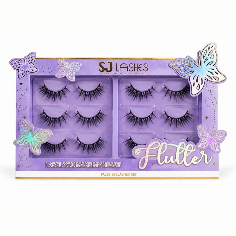 Butterfly theme 6 pair strip eyelash paper box in lavender with iridescent 3D butterfly decorations, gold foil border, dual windows showing 6 pairs of wispy lashes on lavender tray, Flutter holographic logo - OEM ODM custom logo