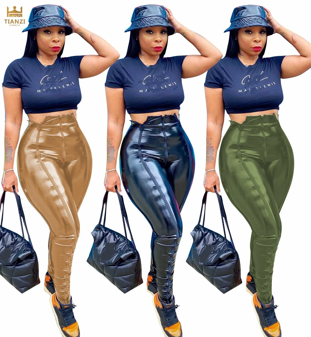 

2021 hot H7135 - women new fashion solid high waist pu faux leather zipper pants