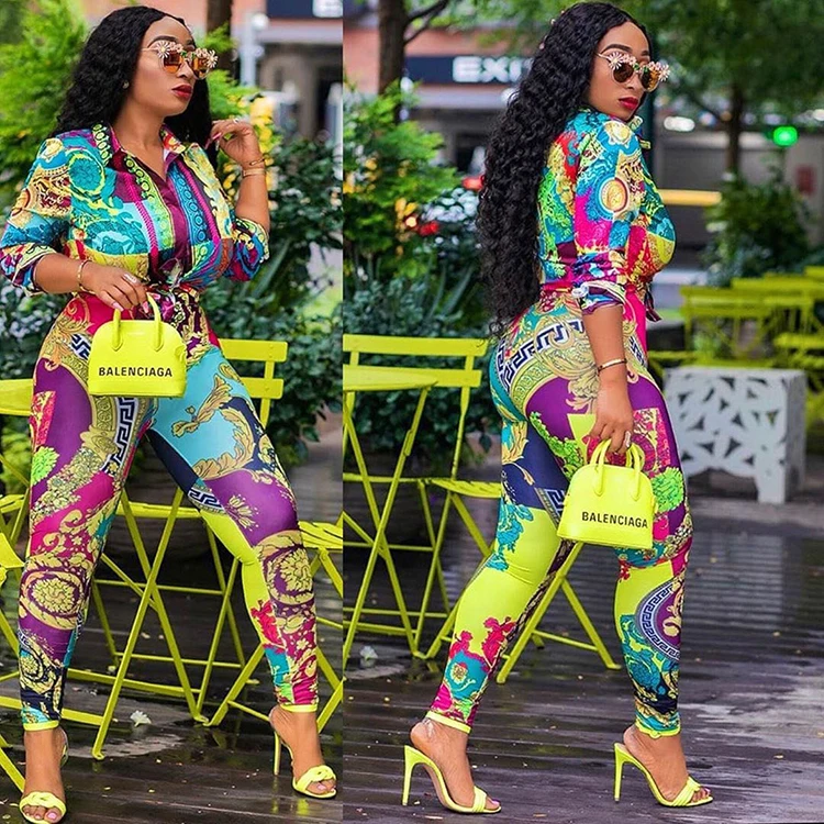 

Hot sale 2020 new style floral printed shirt&skinny trouser women two pieces set multicolor set, Picture color or customized