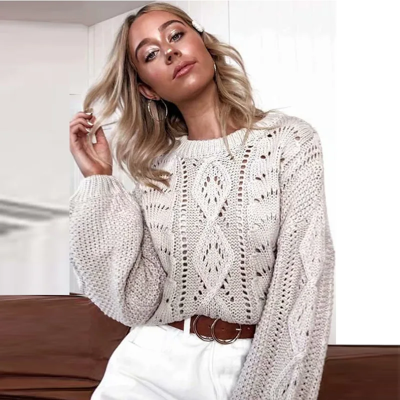 

2021 women winter round neck long sweater ladies hollowed-out lantern hollowed-out sleeve sweater tops