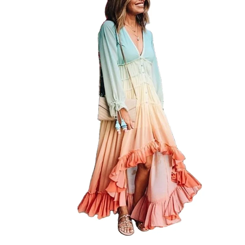 

Lady's Summer women's dresses with cotton and linen deep V long sleeve gradient dress casual dress fashion