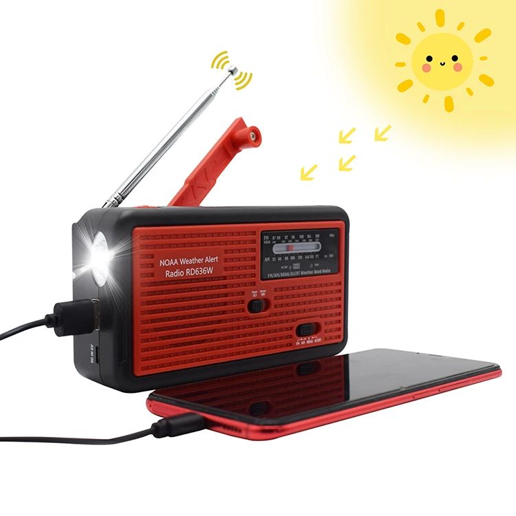 

NOAA Weather Alert Solar Powered Emergency Portable FM/AM Radio, Red/orange