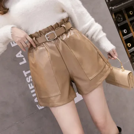 

2021 Women's Korean Style Shorts Drawstring Elastic Ladies Leather Shorts, Different colors and support to customized