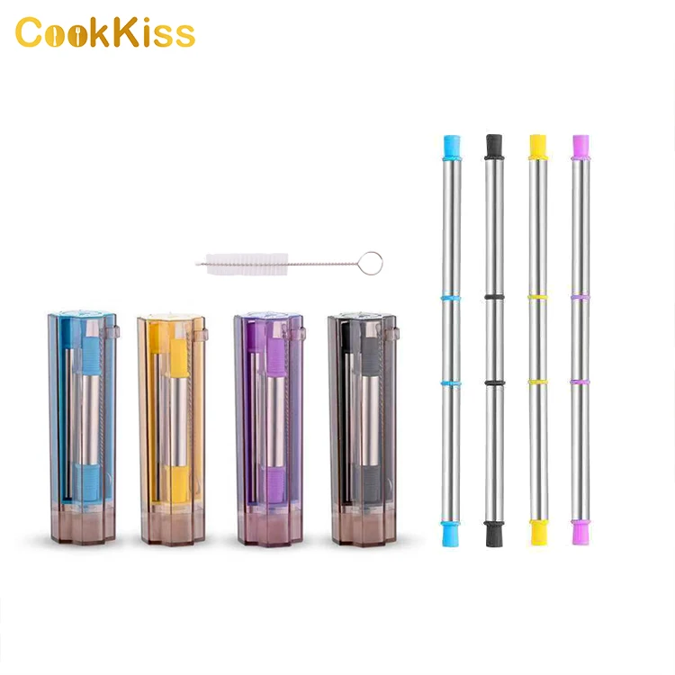 

2021 New Arrivals Portable Silicone Stainless Steel Straw Metal Reusable Collapsible Eco Foldable Drinking Straws with Case, Purple, blue, yellow, grey or customized.