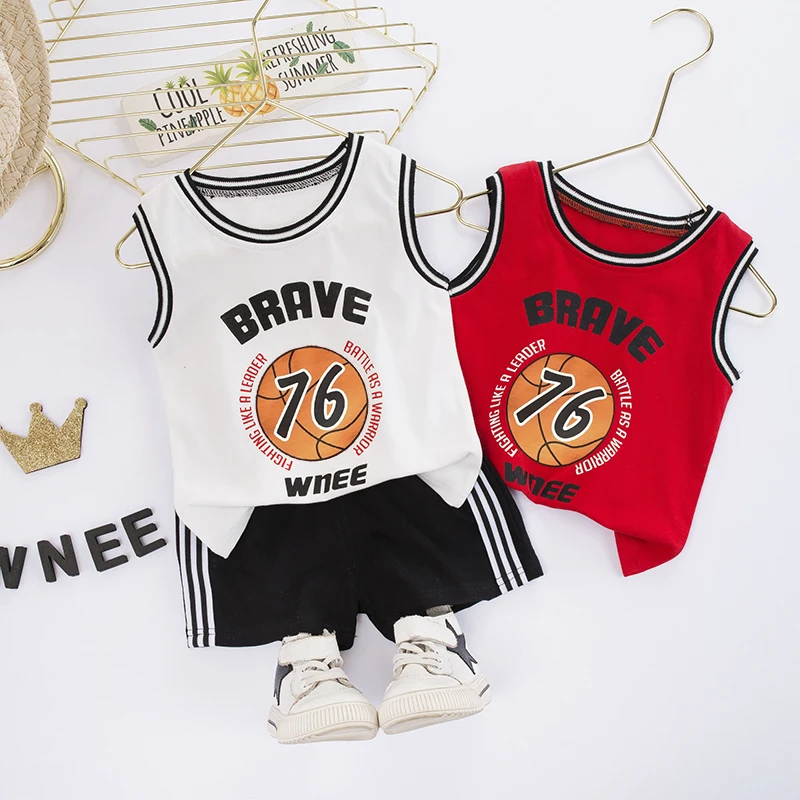 

hot Summer selling kids clothing boy sportswear cute boy basketball letter printed vest small shorts sports suit, Red, white