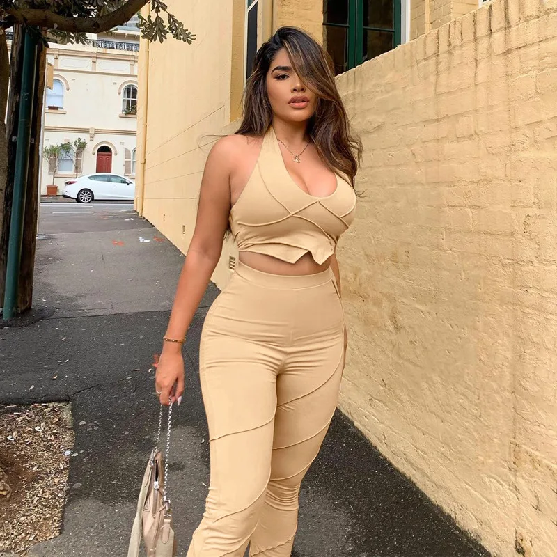 

Yoga Set Women Fitness Suit Sleeveless Halter Vest Slim Leggings Fashion Gym Clothing High Waist Tracksuit Two Piece B1406