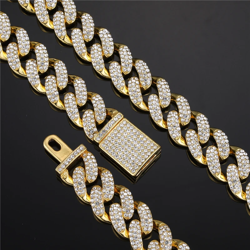 

Hip Hop 2PCS Iced Out 15MM Miami Iced Out Bling Cuban Link Chain Rhinestone Necklaces & Bracelets For Men Jewelry