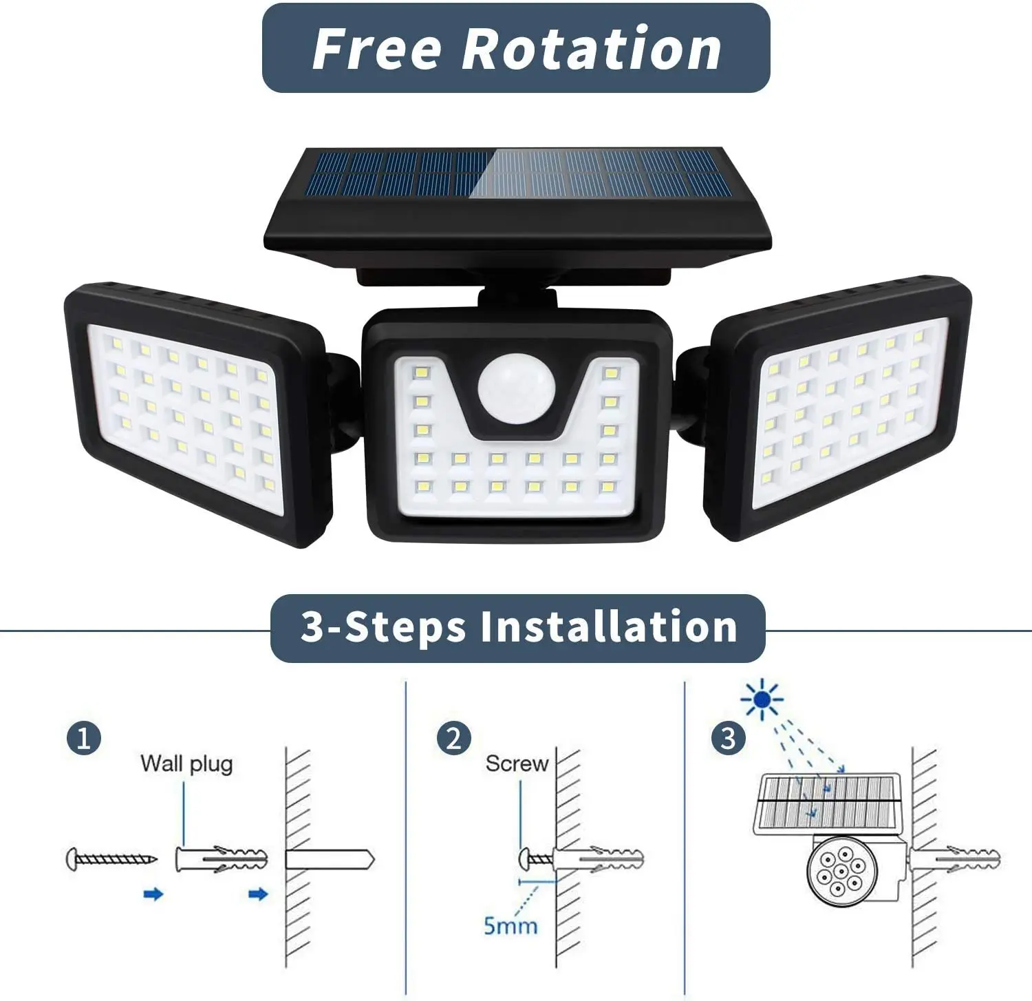 Outdoor IP65 Waterproof 3 Head Motion Sensor Solar Security Lights 360 degree Rotatable 72LED Spotlights for Garden manufacture