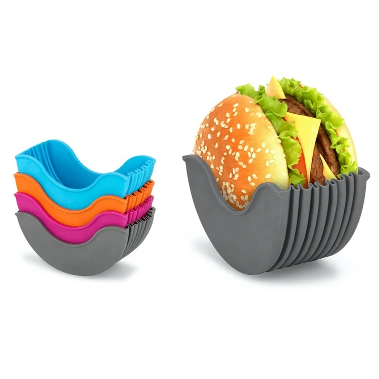 

Eco Friendly Mess-Free Reusable expandable adjustable Hamburger Bun Shell silicone Burger Holder, Pantone color
