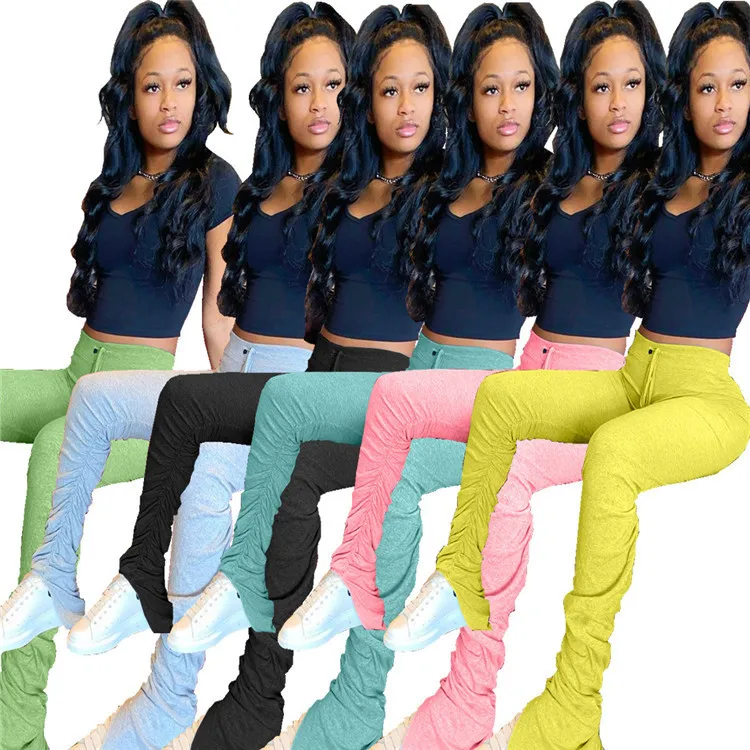 

2021 new style fashion solid stacked pants legging women sweat ruched sides pants