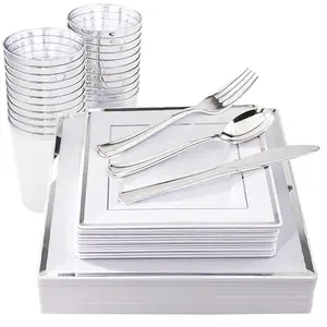 Image of Disposable Dinnerware Set Plastic Party Plates and Silver Plastic Silverware for Weddings, Receptions, Buffets, party