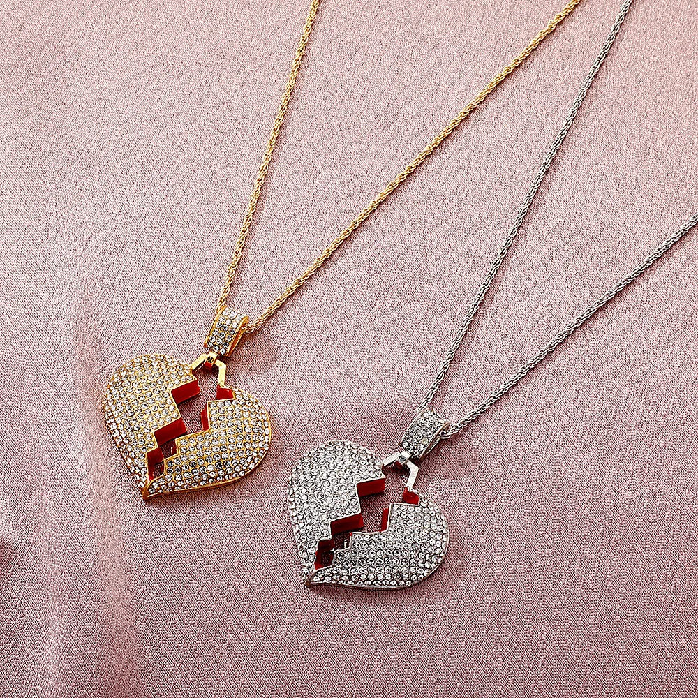 

New Hips Hops Pave Crystal Rhinestone Broken Heart Necklace Punk Iced Out Full Diamond Heart Pendant Necklaces