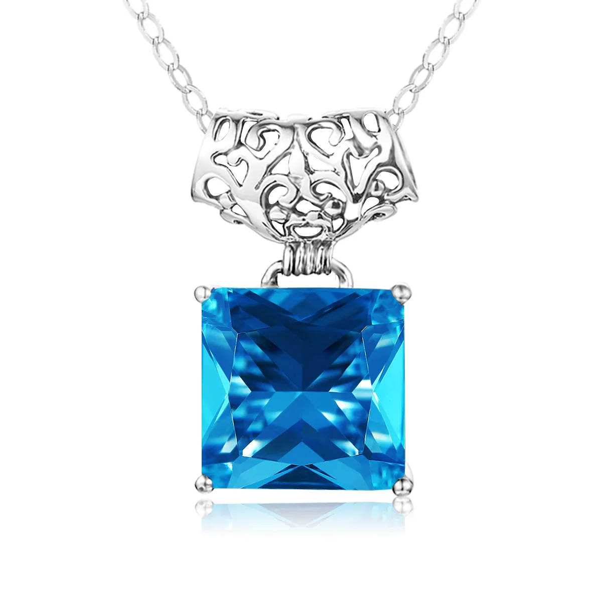 

Women Square Large Square Crystal Gemstone Pendant 925 Silver chain pendant Blue Topaz Stone Necklace Pendant