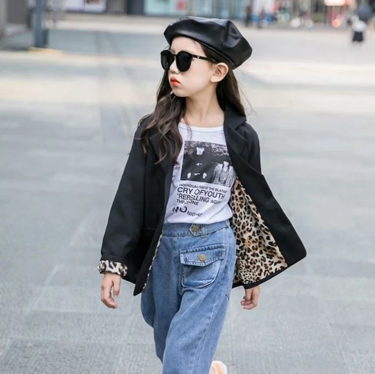 

Fashion Kid Girl Black Buttons Pocket Blazers with Leopard Lining Autumn Winter Kids Girl Stylish Coat Children Top Outwear