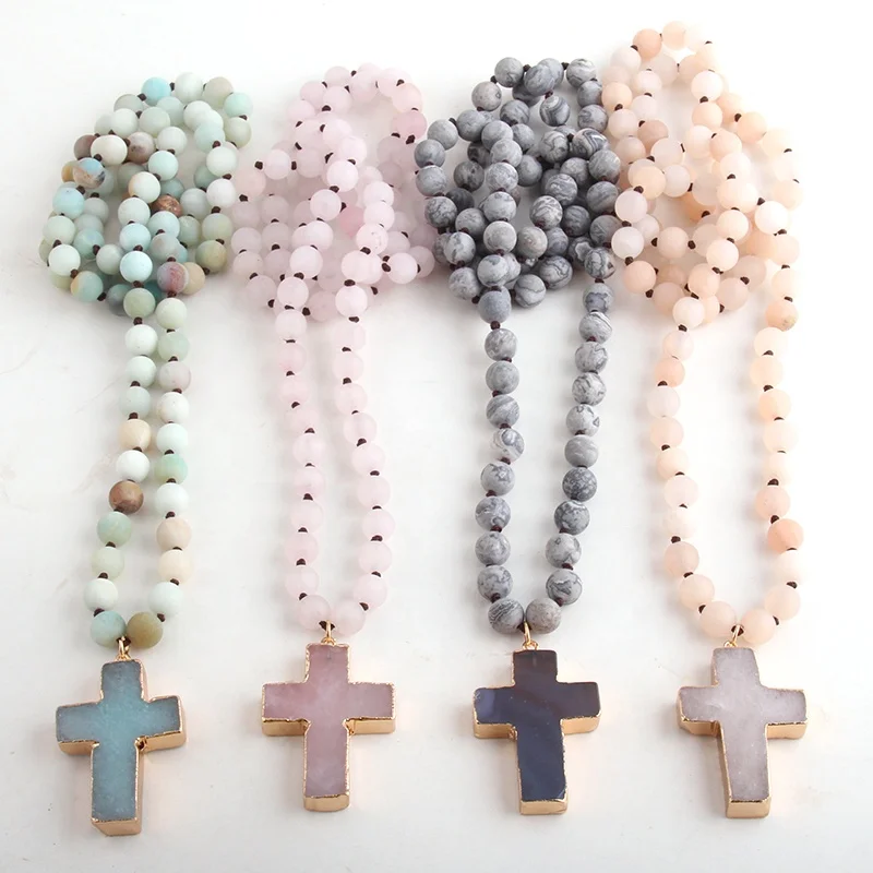 

Fashion Women Bohemian Jewelry Matt Map Stone Bead Necklace Natural Gemstone Frost Amazonite Cross Pendant Necklace